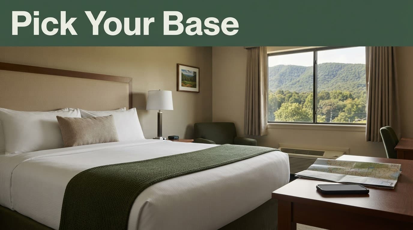 A tidy hotel room with a bed, travel map, phone, and wooded mountain view.