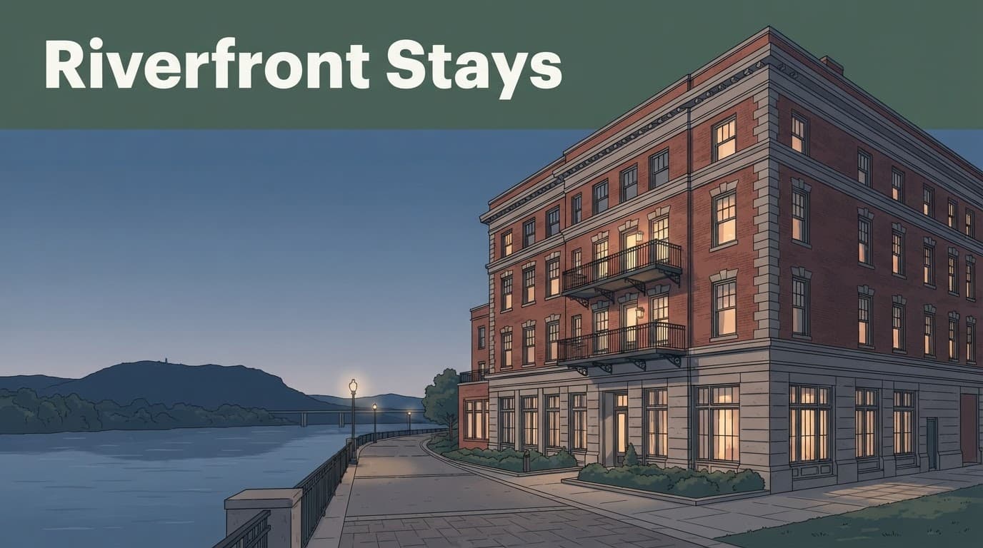 Historic hotel with a balcony beside the Tennessee River at blue hour.