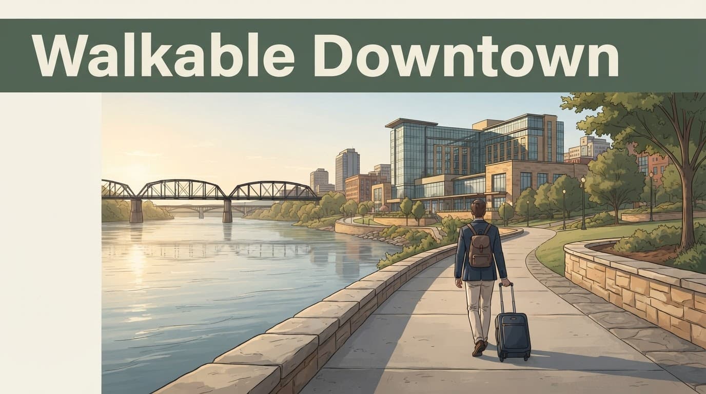 Traveler with a small suitcase walks along the riverfront toward downtown.