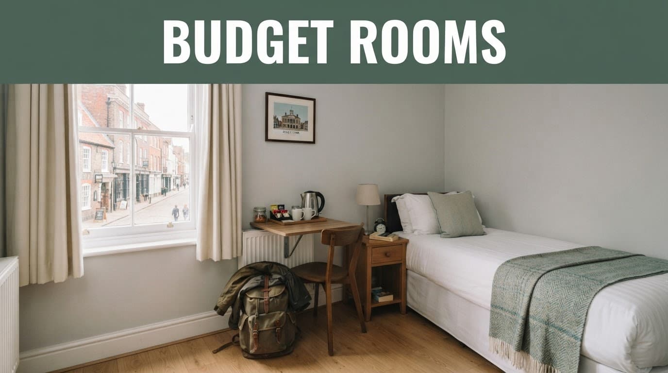 Clean budget guesthouse room with a made bed, desk, kettle, travel bag, and town view.