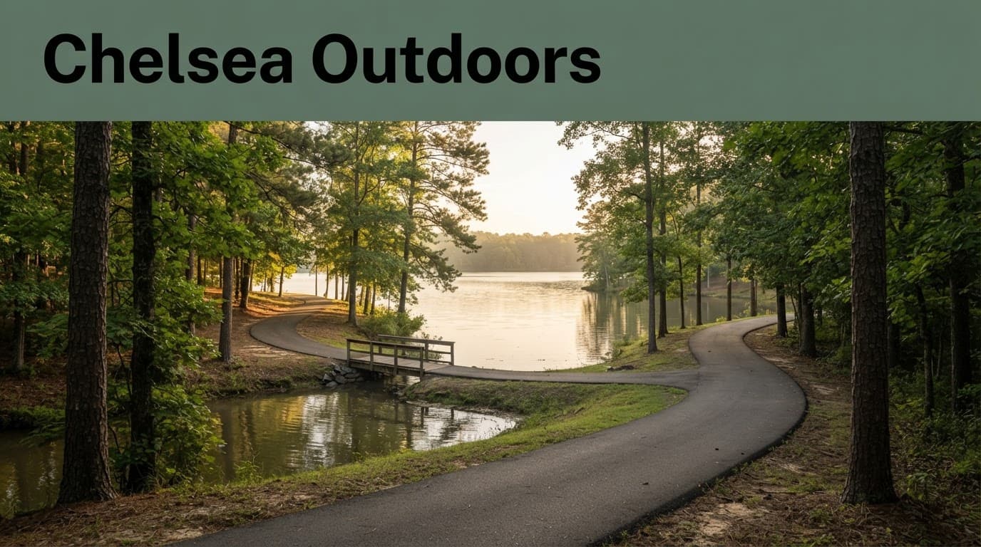 A quiet paved trail beside a lake and wooden footbridge in a wooded park.