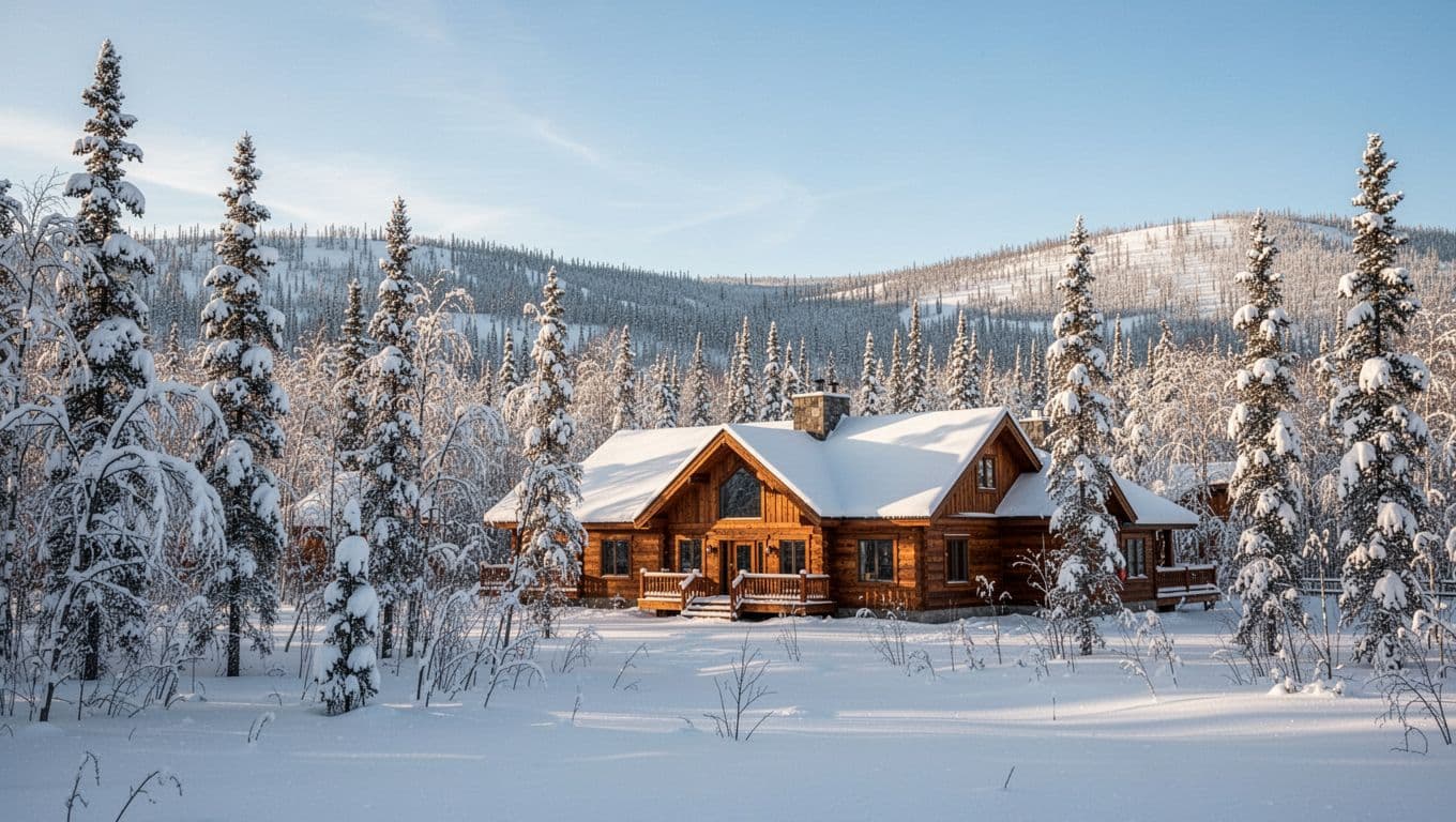 Rustic lodge nestled in snowy wooded hills near Chena Ridge, Fairbanks.