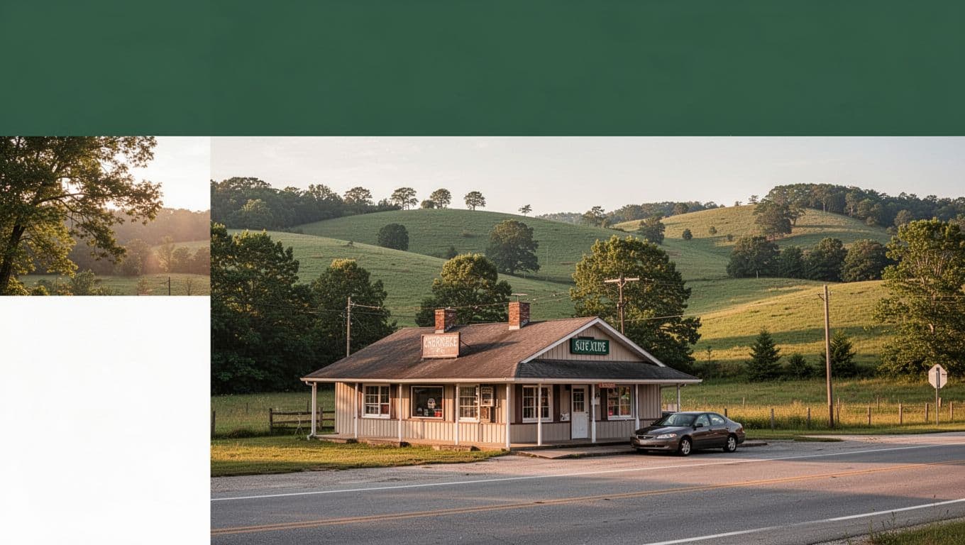 A roadside restaurant with one parked vehicle among green Arkansas hills.