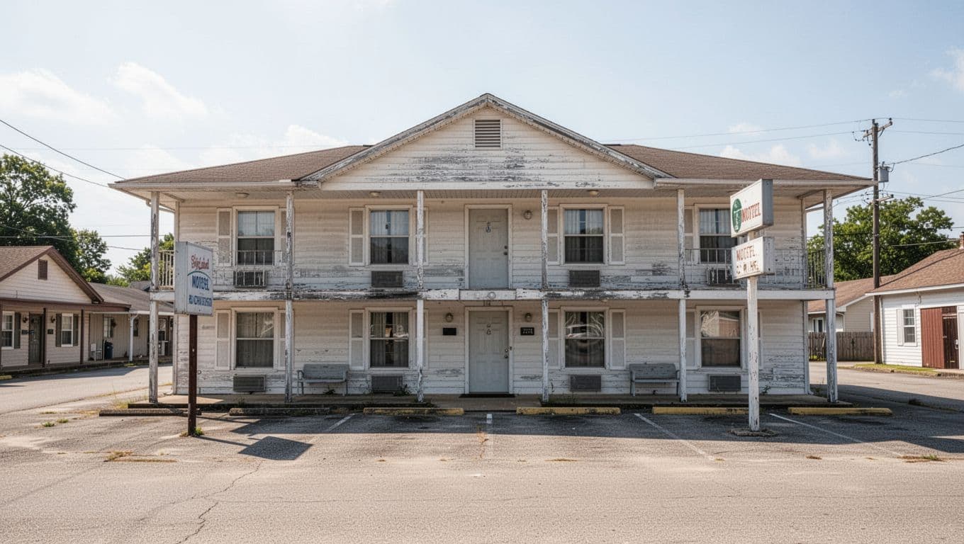 A modest motel building beside a paved drive in a sunny southern town.