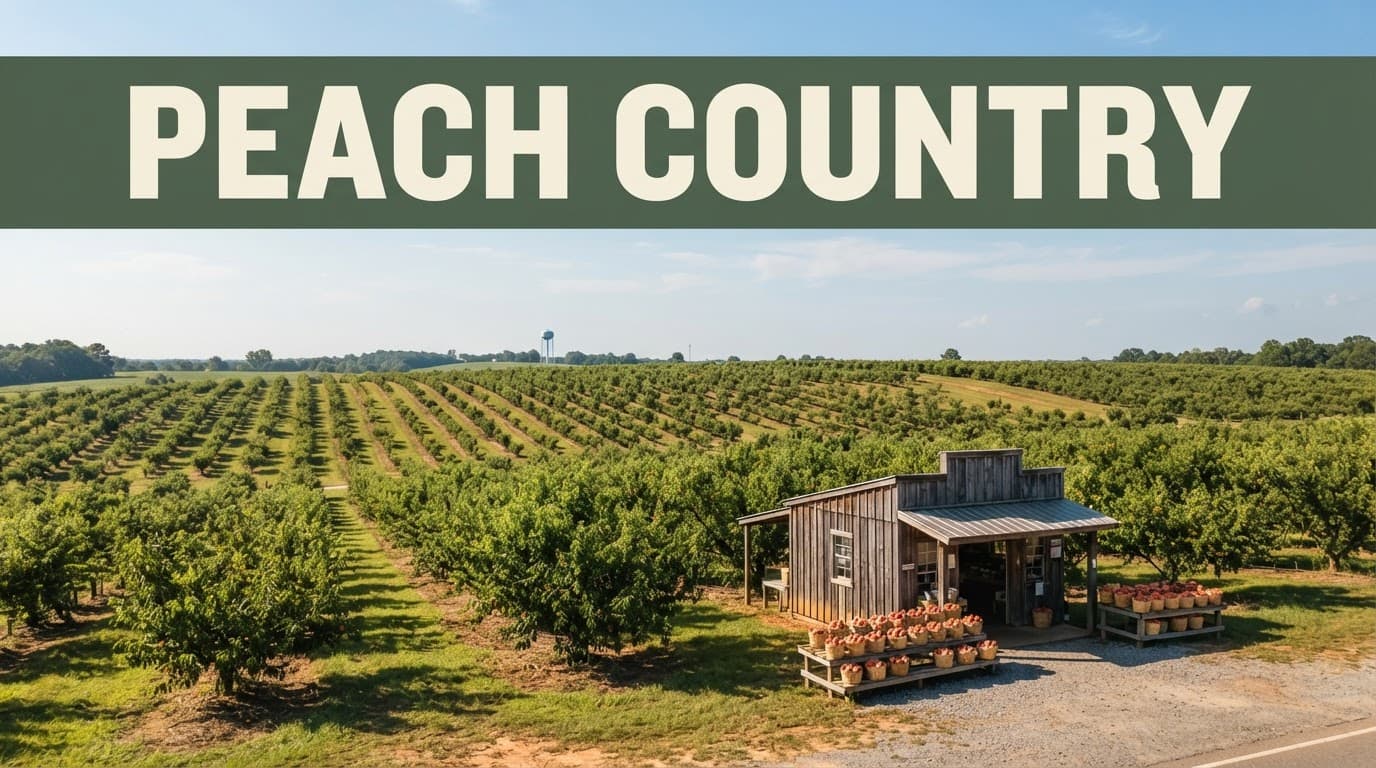Peach trees and fruit baskets surround a rustic roadside market beneath a distant water tower.