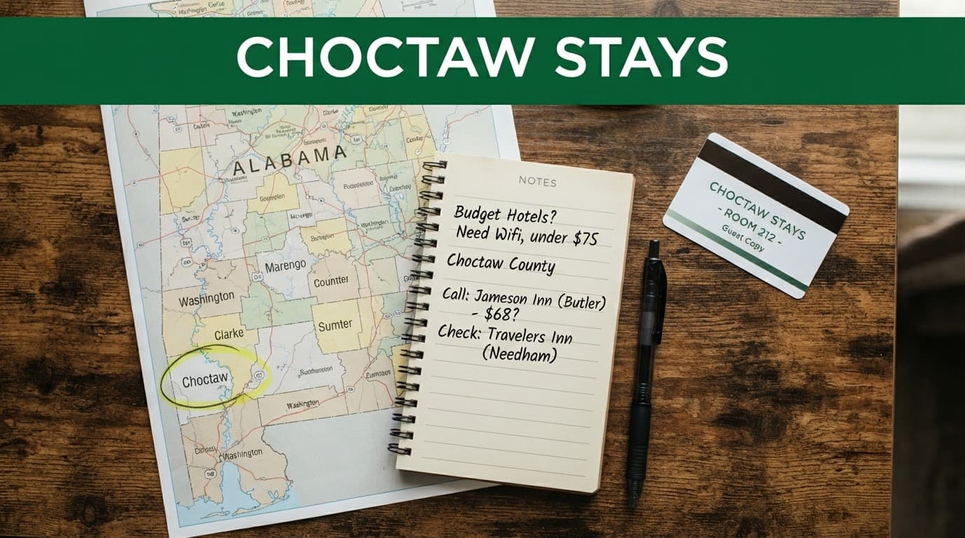 An Alabama map, notepad, and room key arranged on a wooden table.
