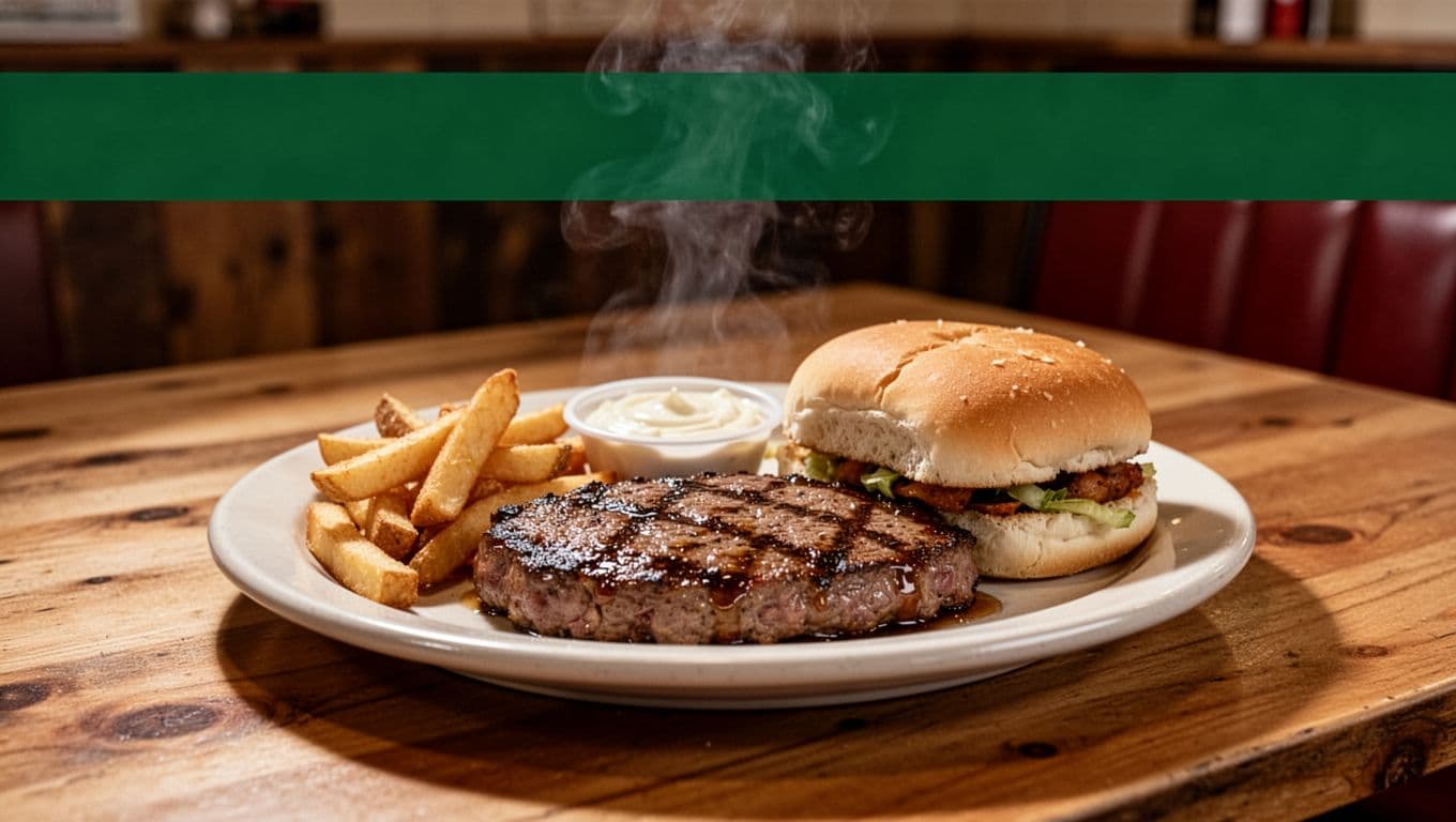 A plate of comfort food sits on a wooden diner table beneath a green text banner.