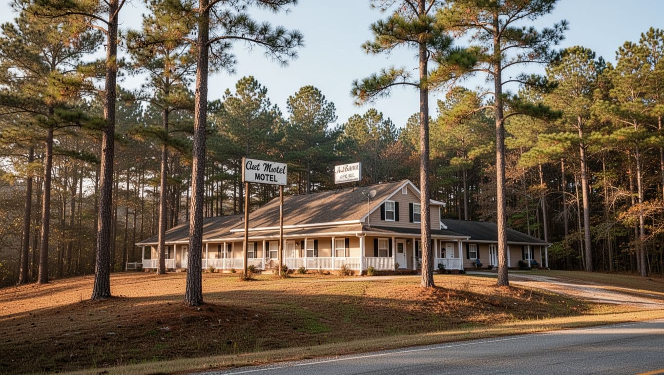 A rural motel among pine trees with a dark-green headline banner.