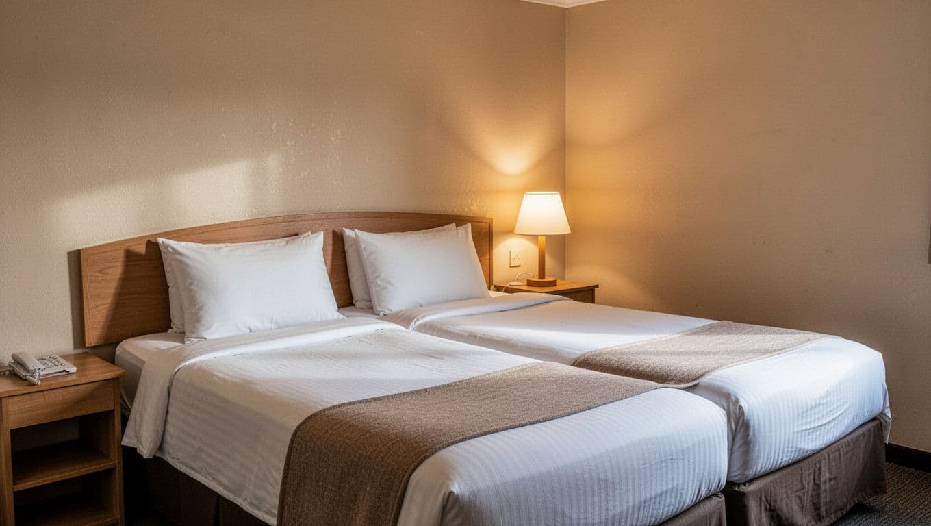 A clean hotel room with a neatly made bed and warm bedside lighting.