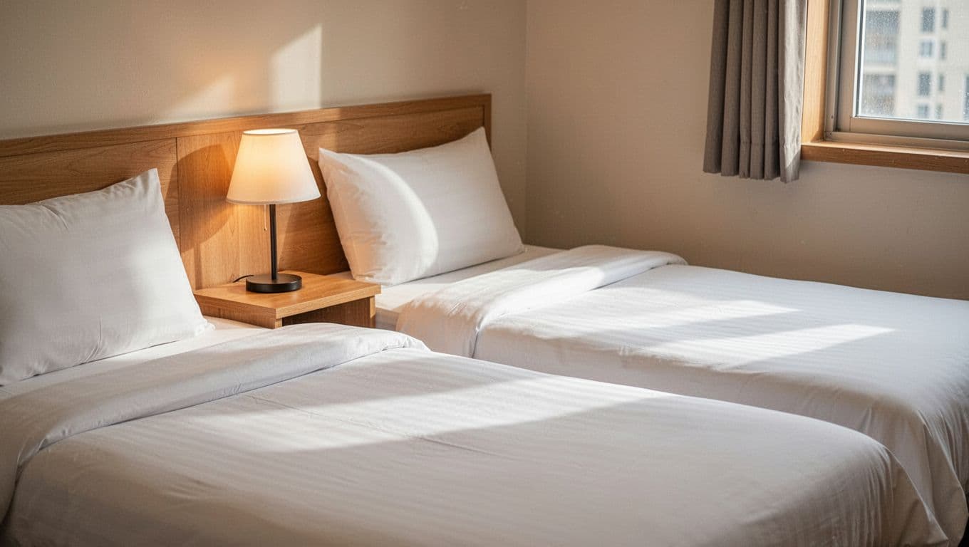 A made hotel bed beside a wooden nightstand and lamp under a green banner.