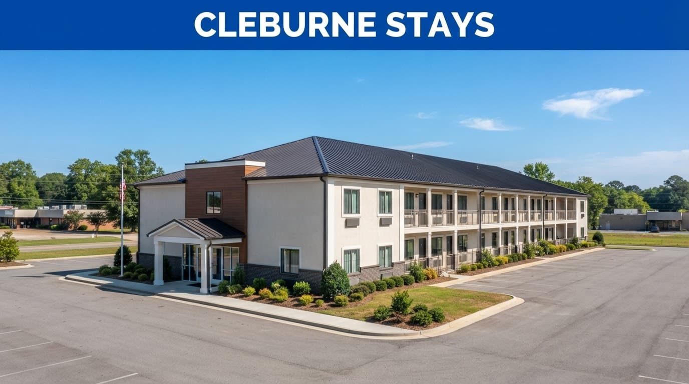 A roadside budget hotel with a blue sky and Cleburne Stays banner.