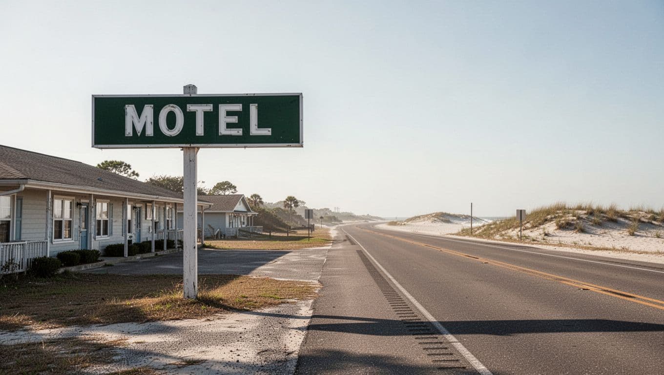 A Coastal Value motel sign beside a quiet Alabama highway.