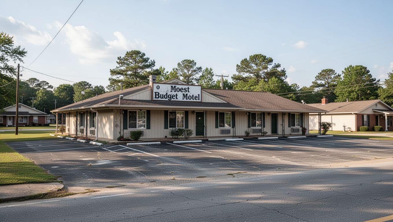 A clean budget motel with parking spaces and an Affordable Stays headline band.