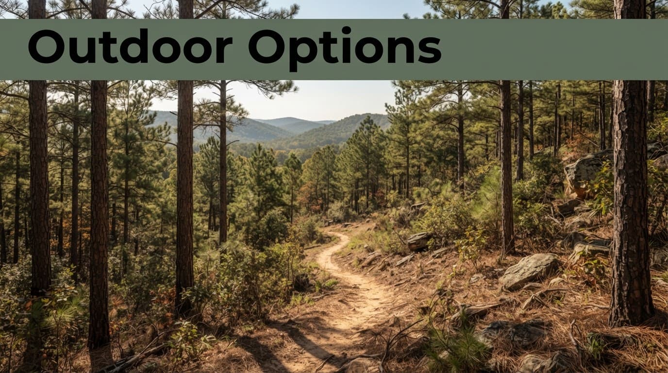 A winding trail through pine forest and rocky foothills beneath an Outdoor Options header.