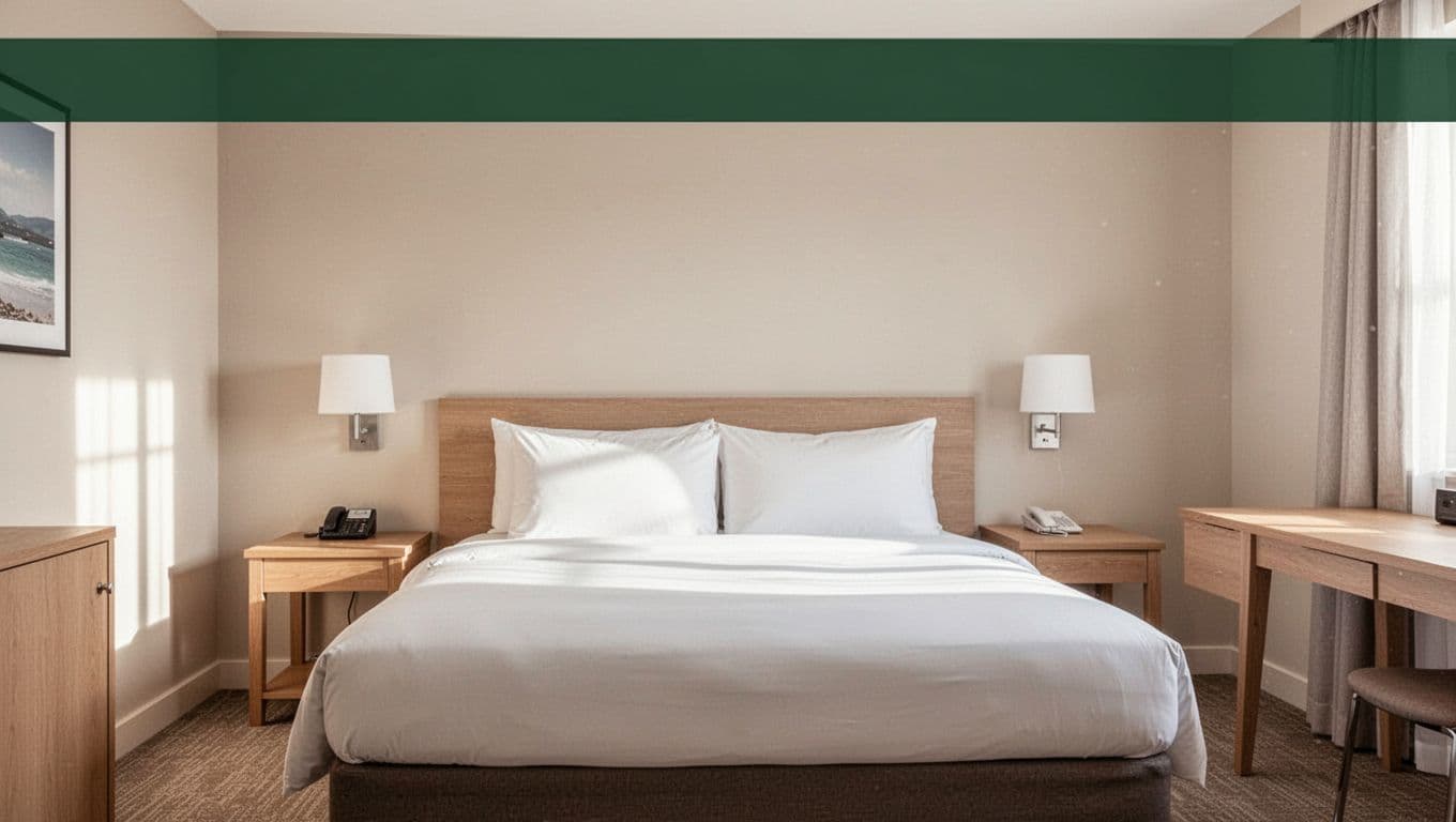 A tidy hotel room with a made bed, wooden desk, and green Comfortable Stays banner.