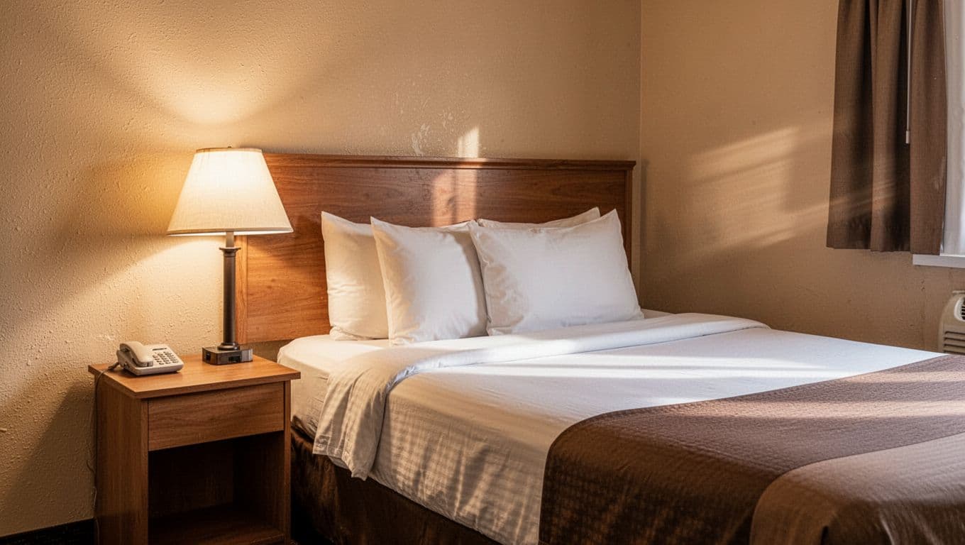 A made bed and glowing bedside lamp in a clean motel room.