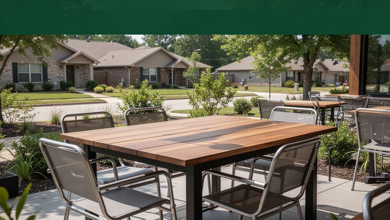A bistro patio table and chairs beneath a dark green Regional Eats banner.