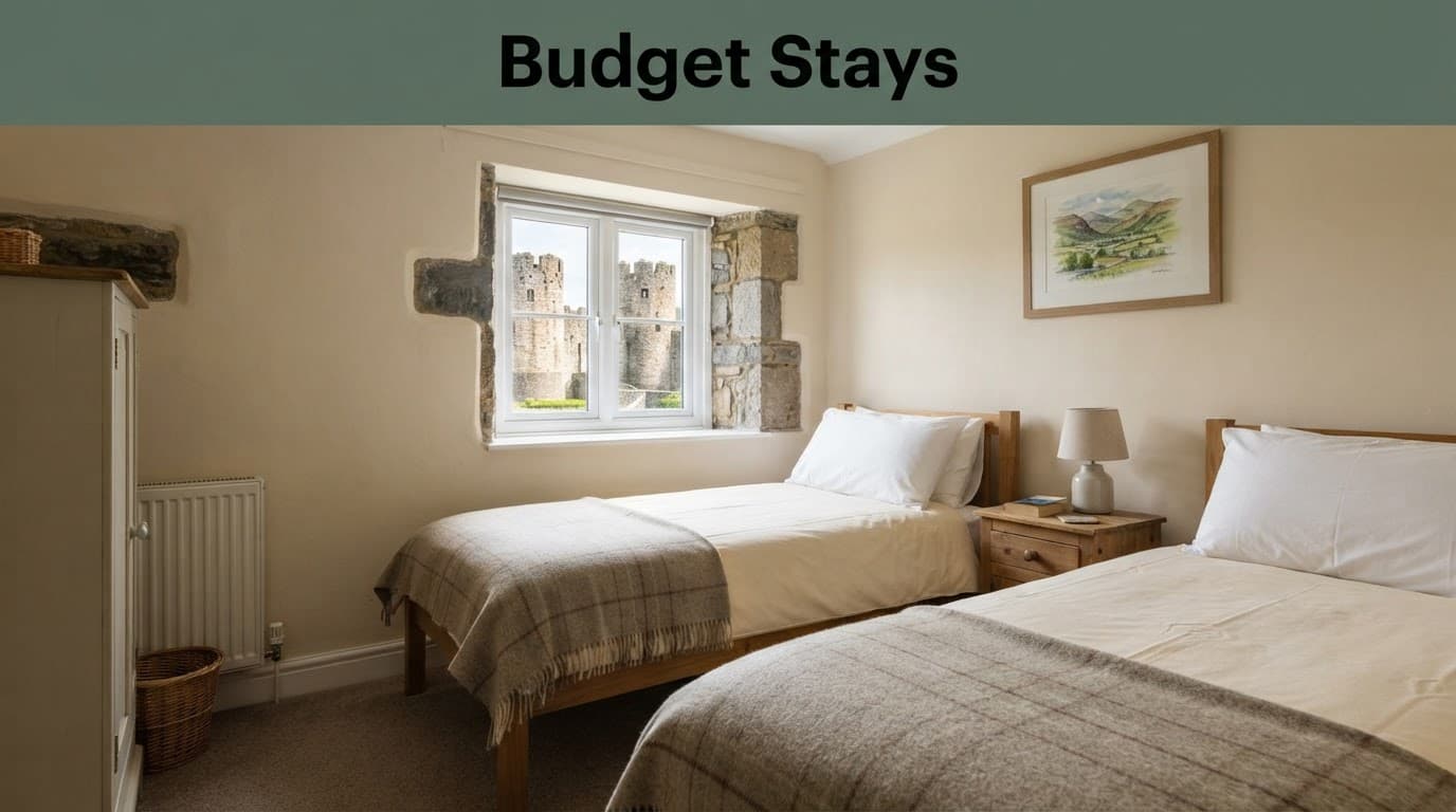 Two single beds in a simple Conwy guesthouse room with castle walls outside.