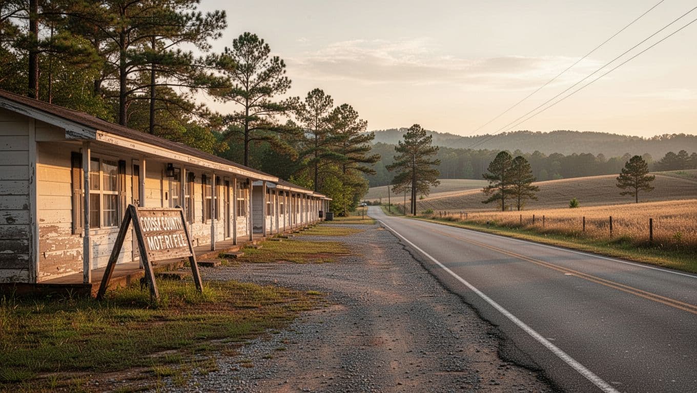 A motel sign beside a quiet road in rural Coosa County.