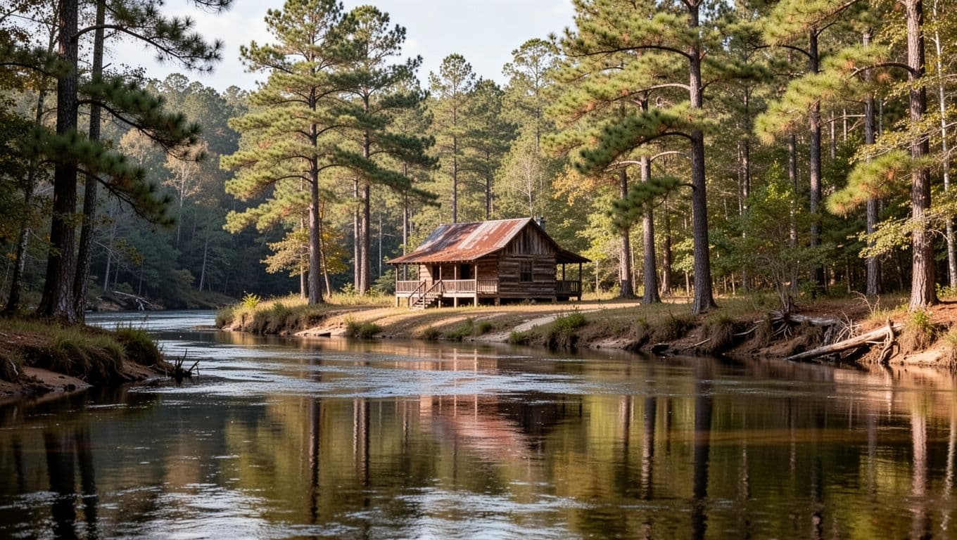 A rustic cabin among pines beside Alabama's Coosa River.