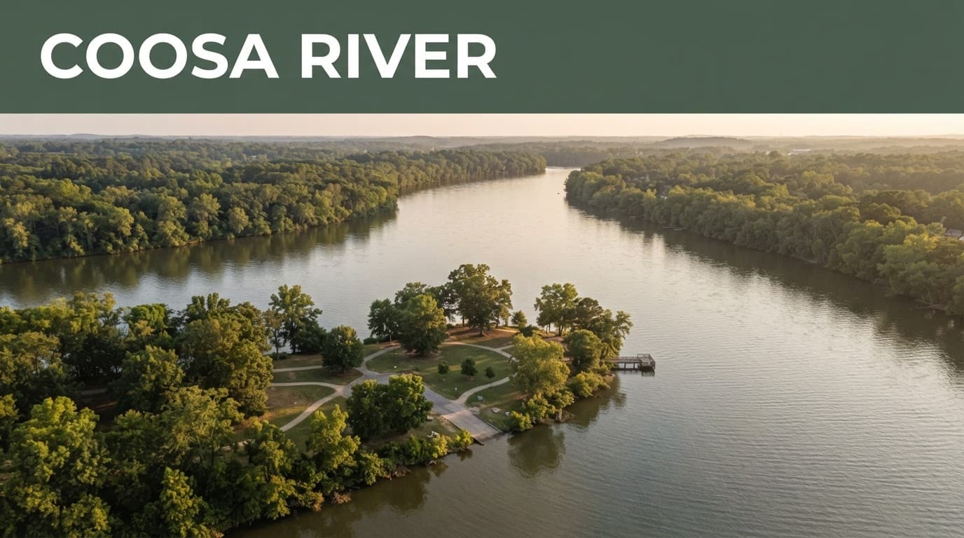 Aerial view of the Coosa River, riverside park, and tree-lined shore in Southside, Alabama.