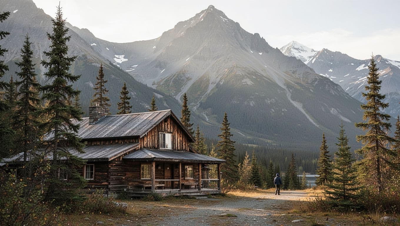 A rustic lodge beneath mountains with one distant person and a green banner.