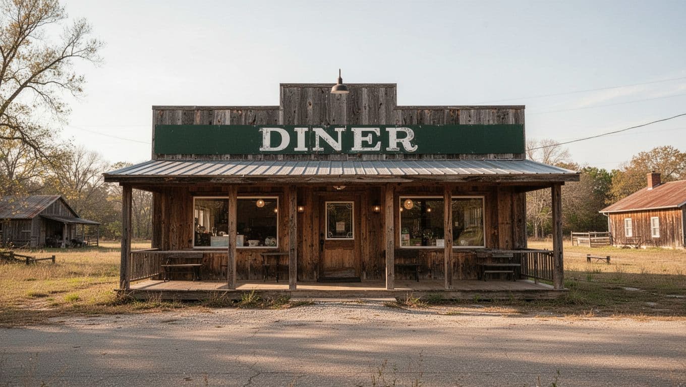 A rural diner storefront with Country Cupboard on a dark-green sign band.
