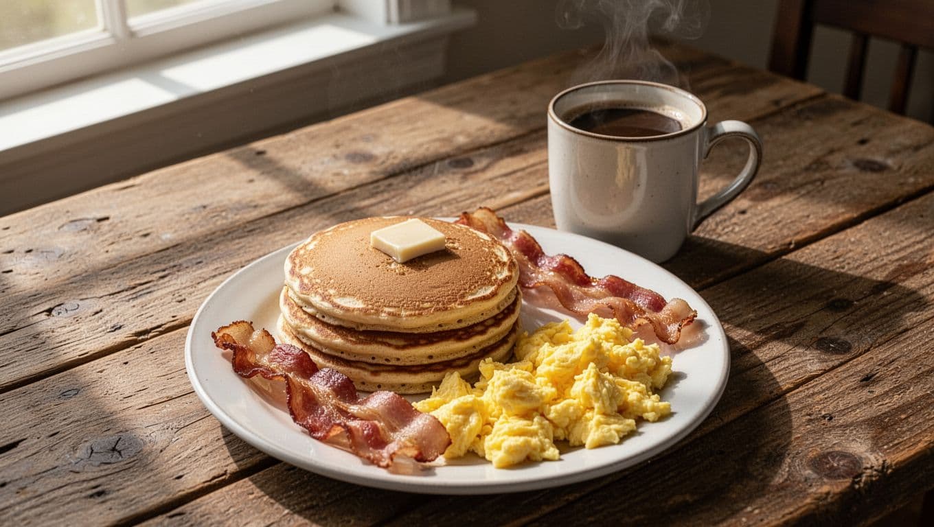 Country-style breakfast with eggs, bacon, toast, potatoes, and hot coffee on a wooden table.