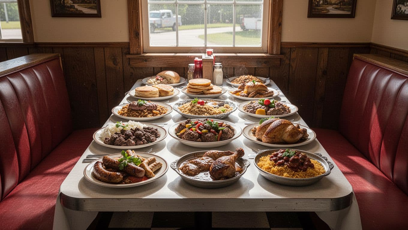 Country buffet dishes arranged on a diner table beneath a green Country Plates banner.