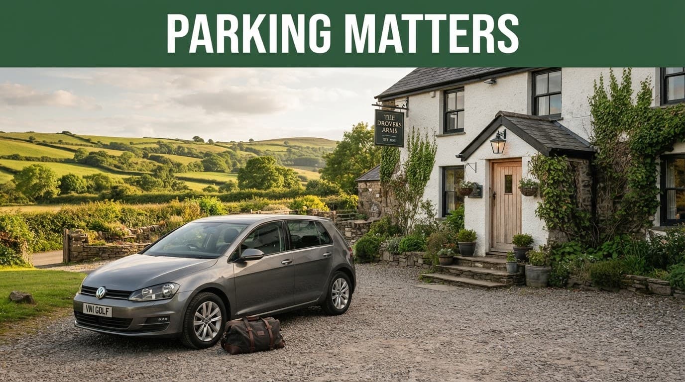 A compact car and overnight bag outside a countryside inn in the Welsh hills.