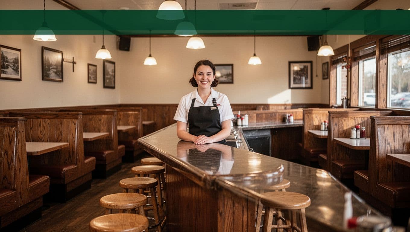 A waitress stands behind the counter in a warm small-town diner.