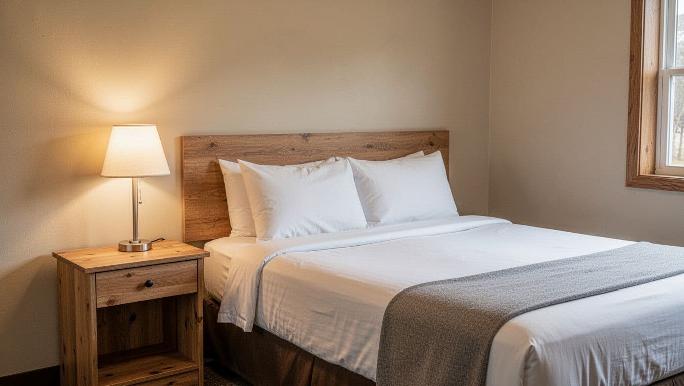 A made bed and wooden nightstand with a warm bedside lamp in a simple motel room.