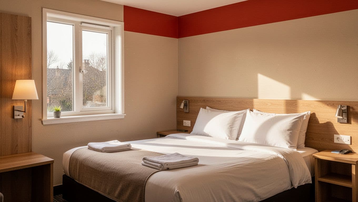 A made bed and simple furnishings fill a bright budget hotel room.