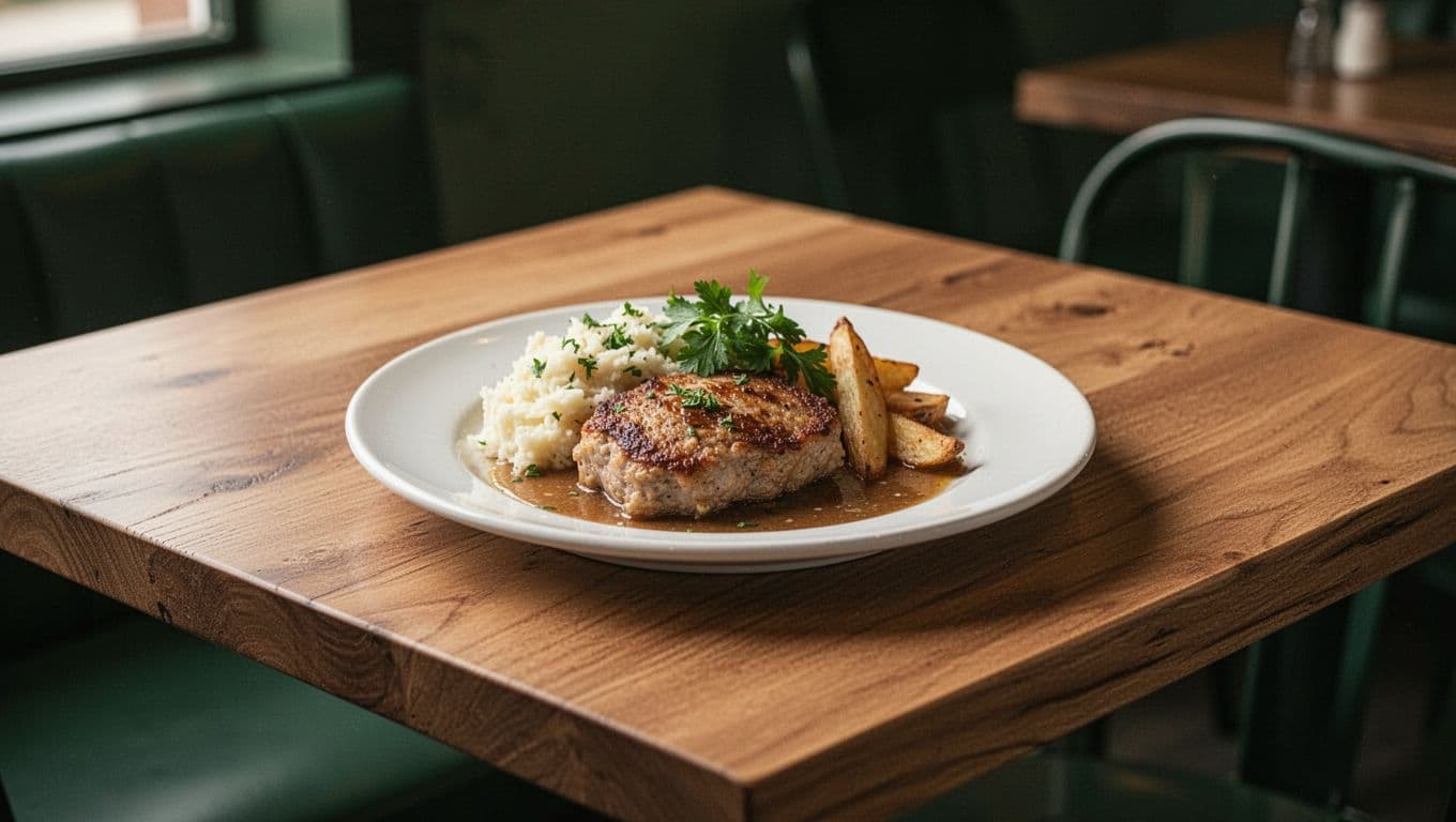 A plate of comfort food sits on a wooden table in a warmly lit cafe.