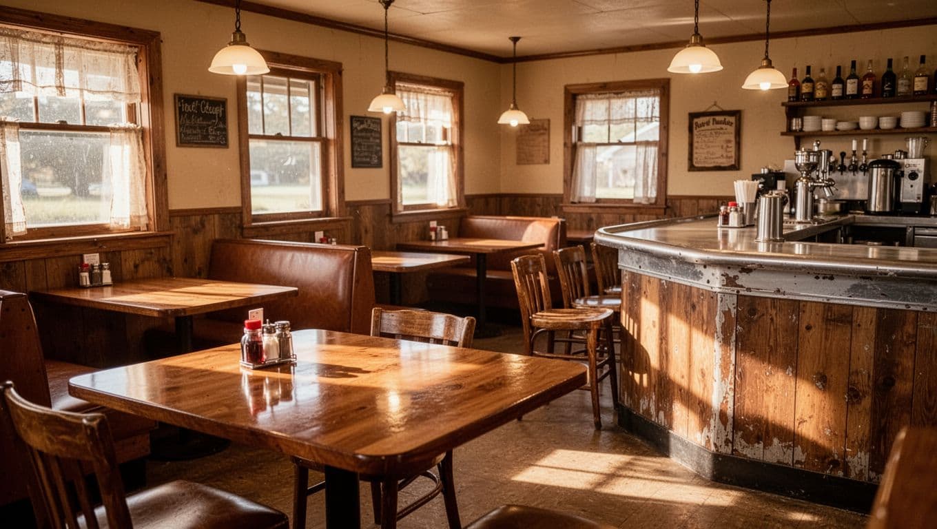 Warm country diner with wooden tables, booths, and soft lighting.