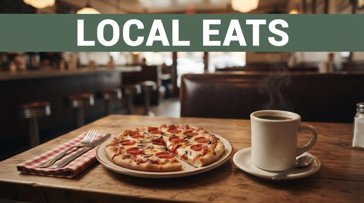 Pizza and coffee sit on a cozy diner table beneath a dark-green banner.