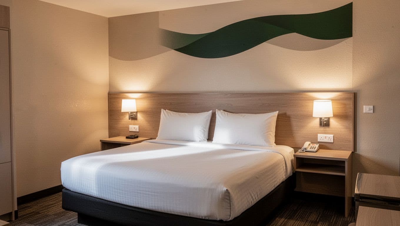 A tidy motel room with a made bed, warm lighting, and a green banner.