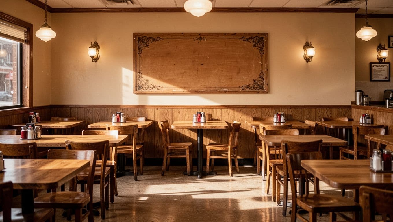 A cozy diner with wooden tables, simple chairs, and a chalkboard menu.