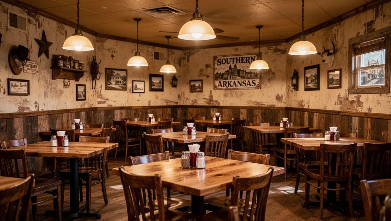 Cozy restaurant dining room with wooden tables and warm lights.