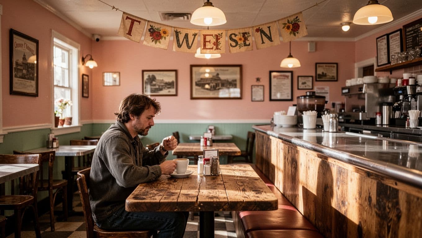A cozy diner with wooden tables, warm lights, and one customer beneath a Local Flavors sign.