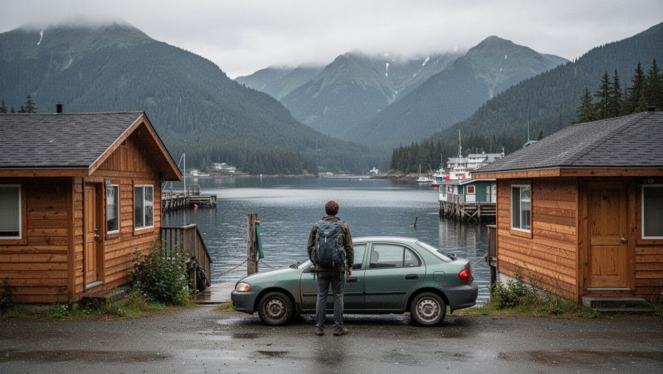 A traveler with a backpack stands beside a small car near a coastal lodge.