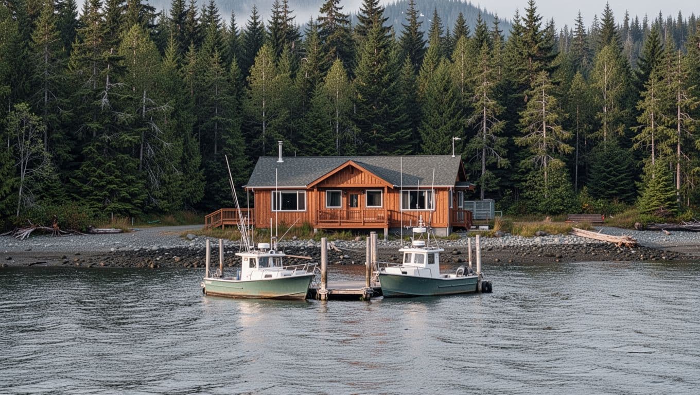 A small waterfront lodge with a fishing boat, dock, and dense forest in Craig, Alaska.