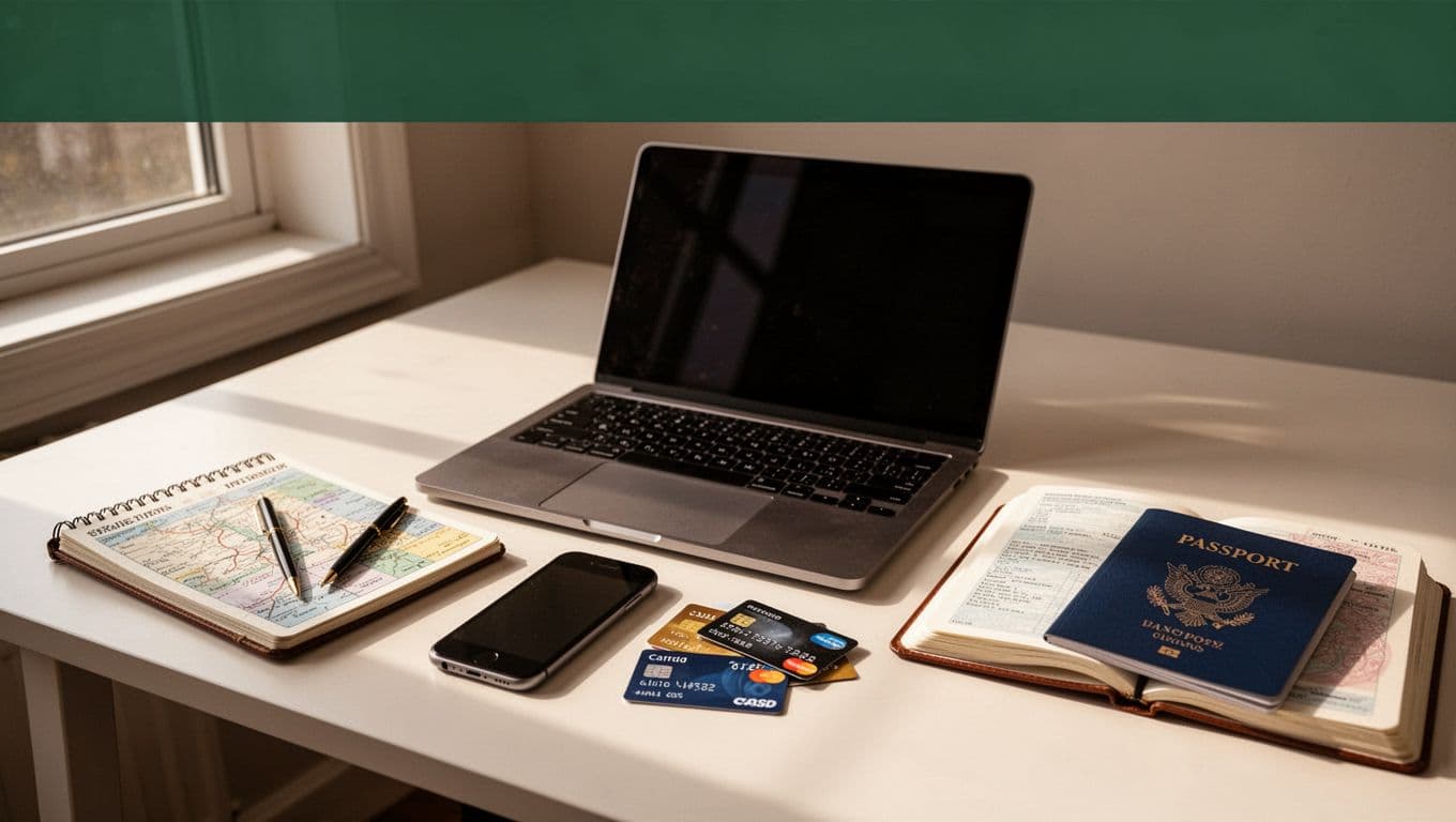 Laptop, phone, cards, notebook, and passport arranged on a home office desk.