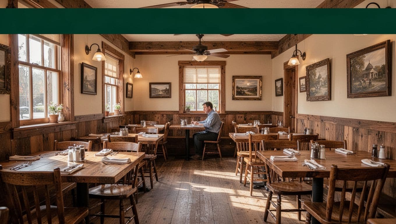 Warm restaurant dining room with wooden tables and one seated diner.