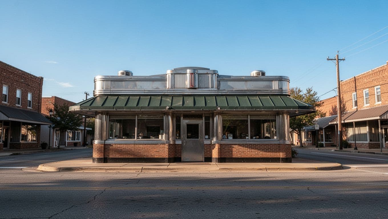 A classic diner on a quiet rural main street beneath a blue sky.