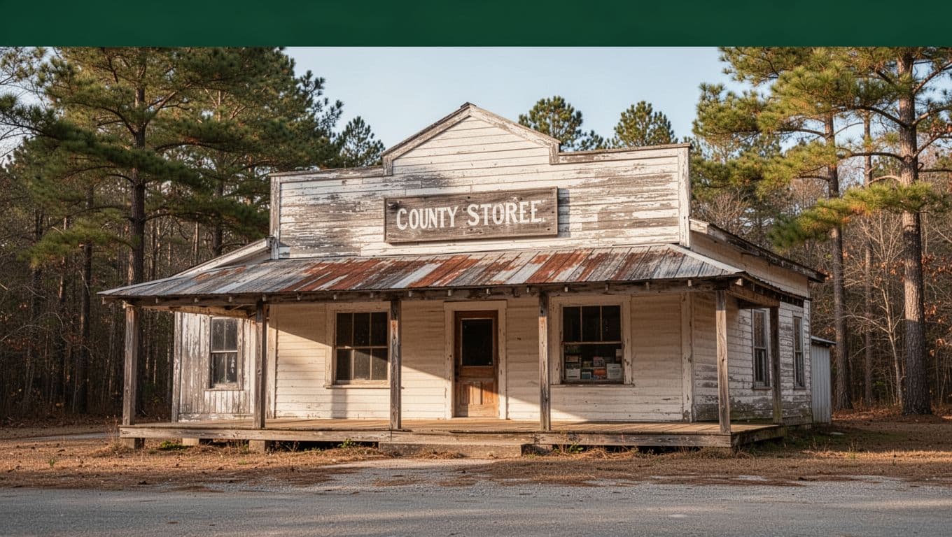 Rustic country store with a covered porch and dark green headline band.