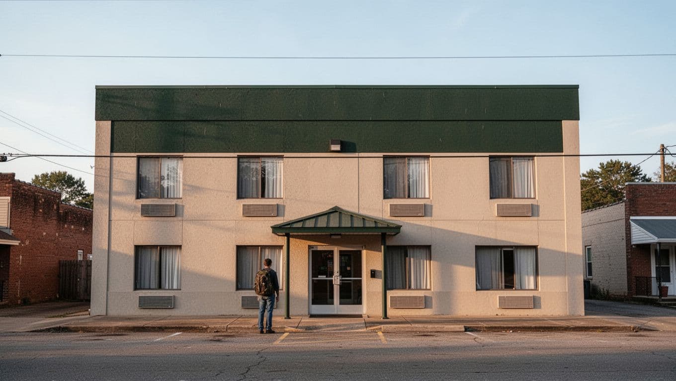 A budget hotel exterior with a green Cullman Stays sign and one person in the background.