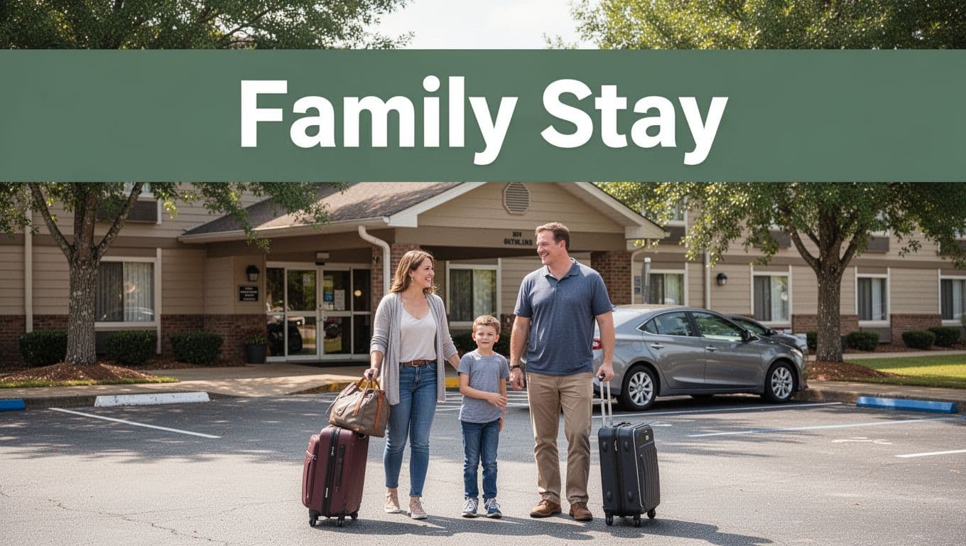 A family of three with luggage outside a hotel beside a parked car.