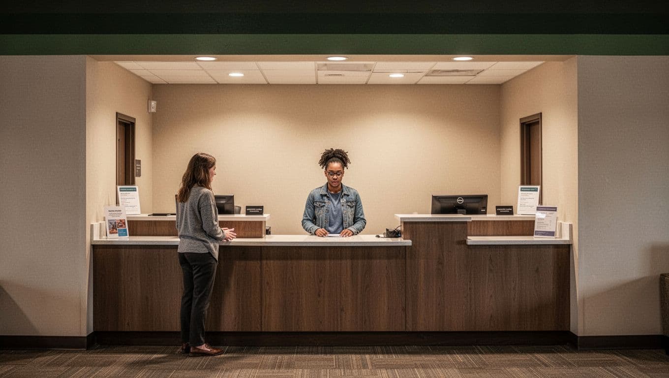 One attendant stands at a warmly lit hotel desk beneath a green Value Rooms banner.