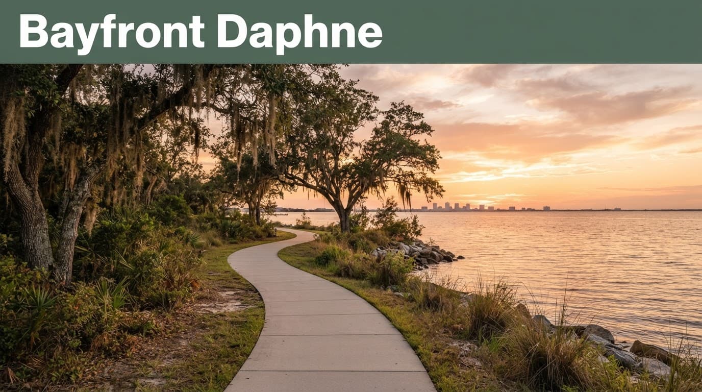 A paved path and live oaks beside calm Mobile Bay at sunset.